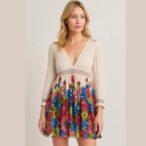 REBECCA TAYLOR | 100% Silk Blouse Tunic Floral Sequins Sheer Cream Red Navy Sz L